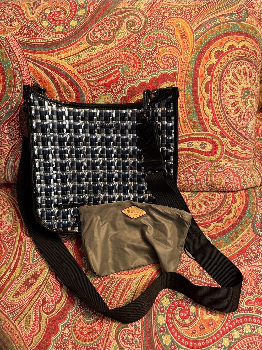 MZ Wallace Black & Silver Woven Crossbody Bag with Grey Pouch